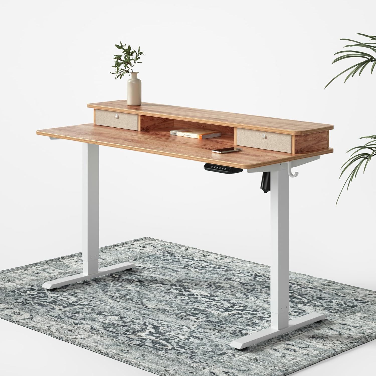 FEZIBO 48 x 24 Inch Whole-Piece Height Adjustable Standing Desk with Double Drawers, Sit Stand Desk, Stand Up Table (Send Two Packages), Light Rustic Top