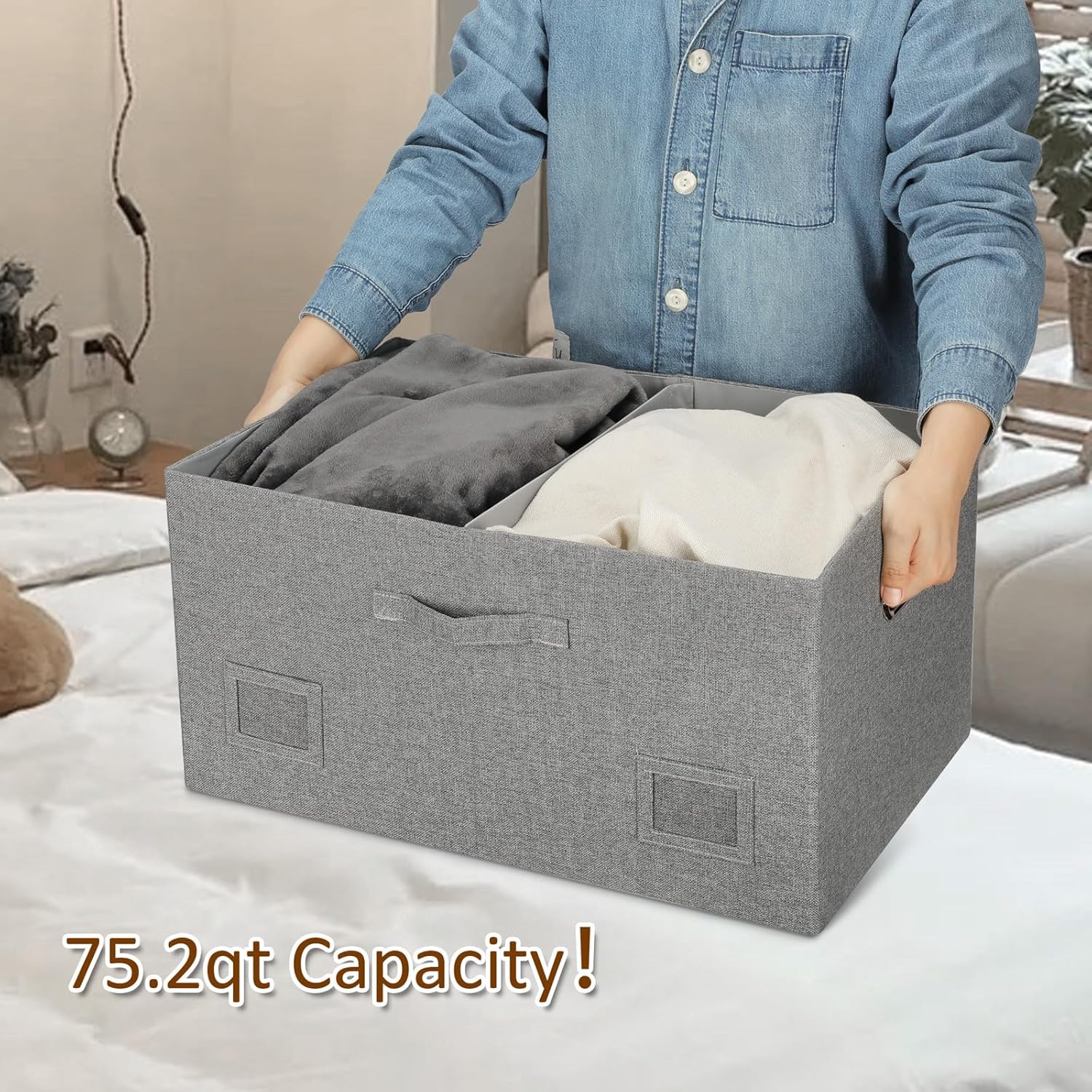 75 Quarts Extra Large Decorative Storage Bins with Lids, 3 Packs Gray Collapsible Storage Bins with Lids, Stackable Storage Bins Decorative Box Storage With Lid Extra Large