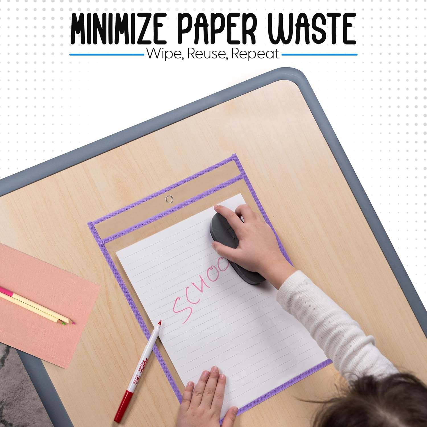 Essex Wares - 6 Pack, Light Purple, Water-Resistant Dry Erase Pocket Document Protectors, 10" Wide x 13.5" Tall - Dry Erase Clear Plastic Sleeves - Reusable & Easy Erase Plastic Invoice Holders