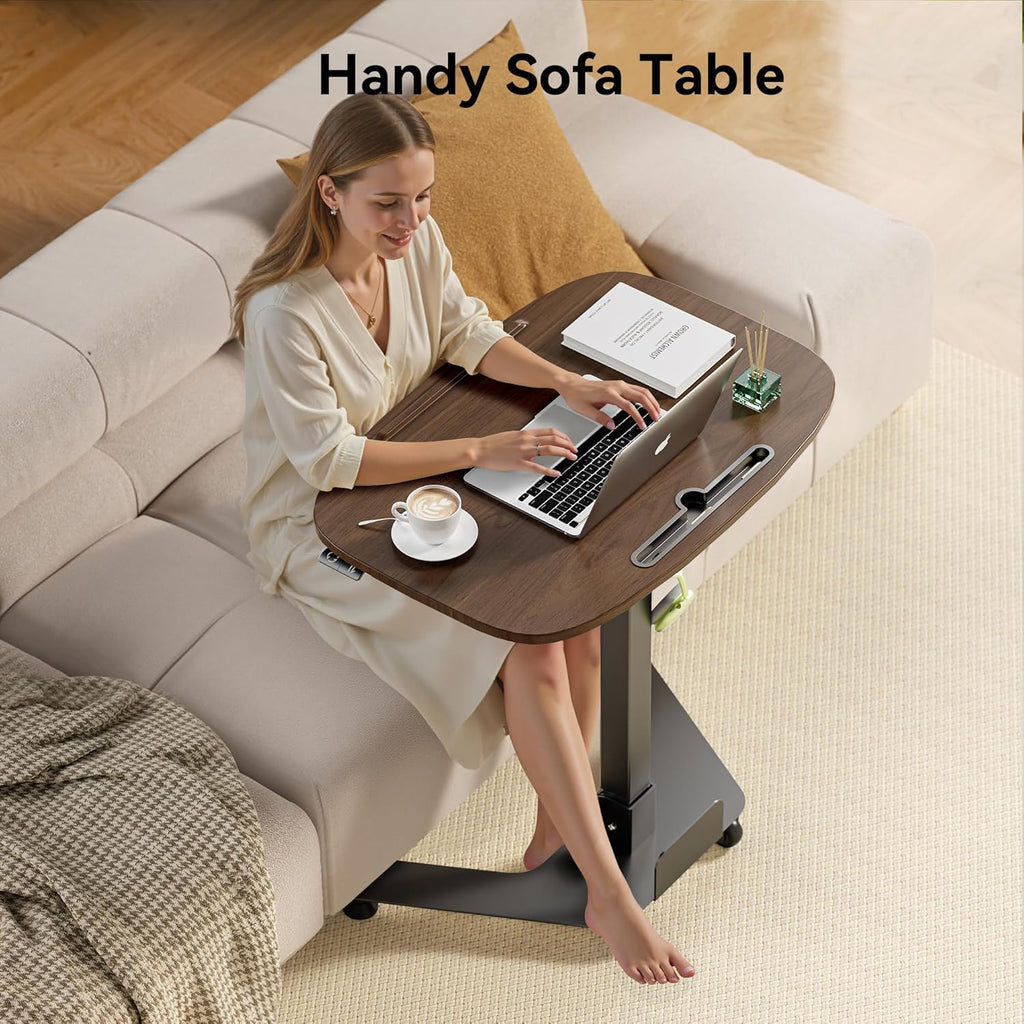 Folding Pneumatic Height Adjustable Mobile Standing Desk with 90° Tiltable Tabletop, 27.2x18.9 Inch Portable Laptop Desk with Wheels, Holds Up to 66.1lbs for Home Office, Black Walnut