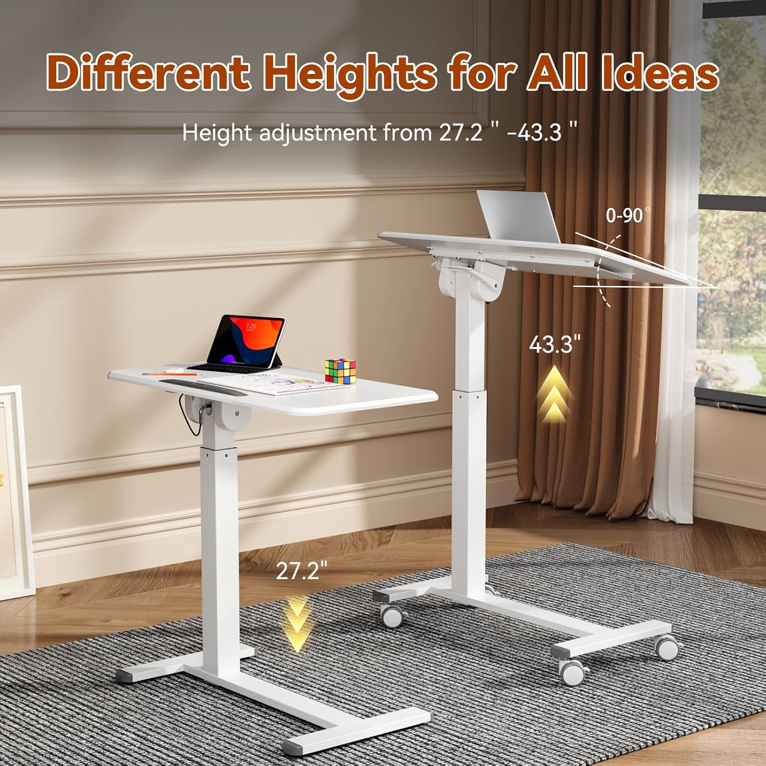 Mobile Standing Desk, Height Adjustable Left/Right Overbed Bedside Table, 90° Tiltable Portable Laptop Desk with Wheels, Foldable Computer Cart for Hospital Home Use, White