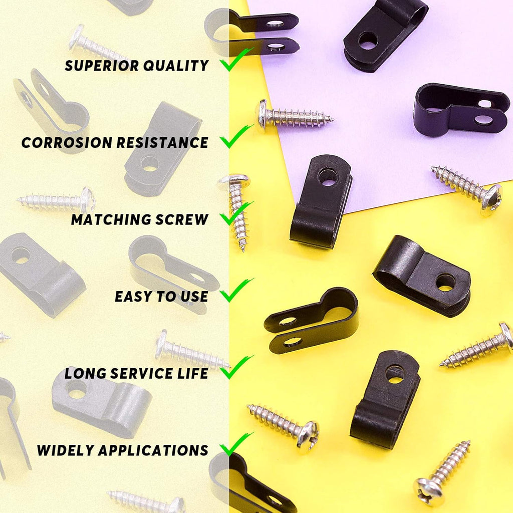 Swpeet 60 Pack Black 1/4 Inch Nylon Plastic R-Type Cable Clips Clamp Kit, Nylon Screw Mounting Cord Fastener Clips with 60 Pack Screws for Wire Management