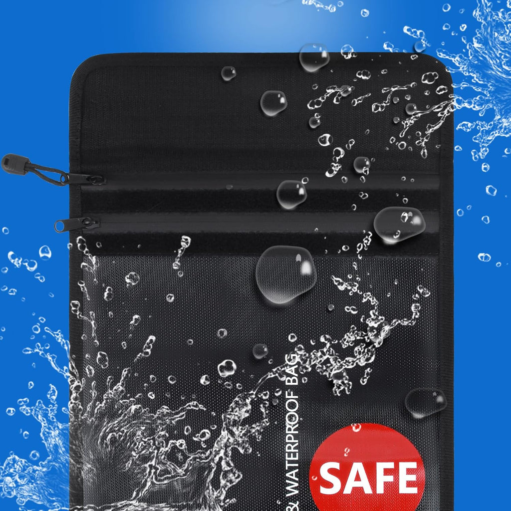 Fireproof Document Bag (2000℉) Upgraded 2 Pockets, GEMEK 15”x 11” Fireproof and Waterproof Money Bag Fireproof Safe Storage for Money, Documents, Jewelry and Passport (Black - 2 Zipper)