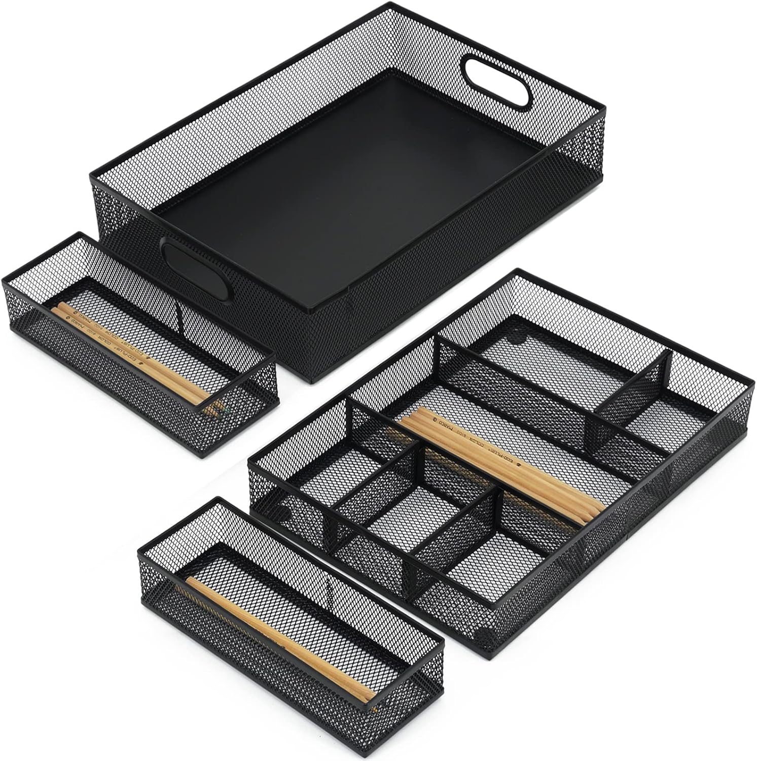 Neudeco Desk Drawer Organizer with 6 Adjustable Dividers, Metal Pen organizer for desk drawer,Mesh Office Desk Drawer Organizer Tray for office supplies (Pack 4, Black)