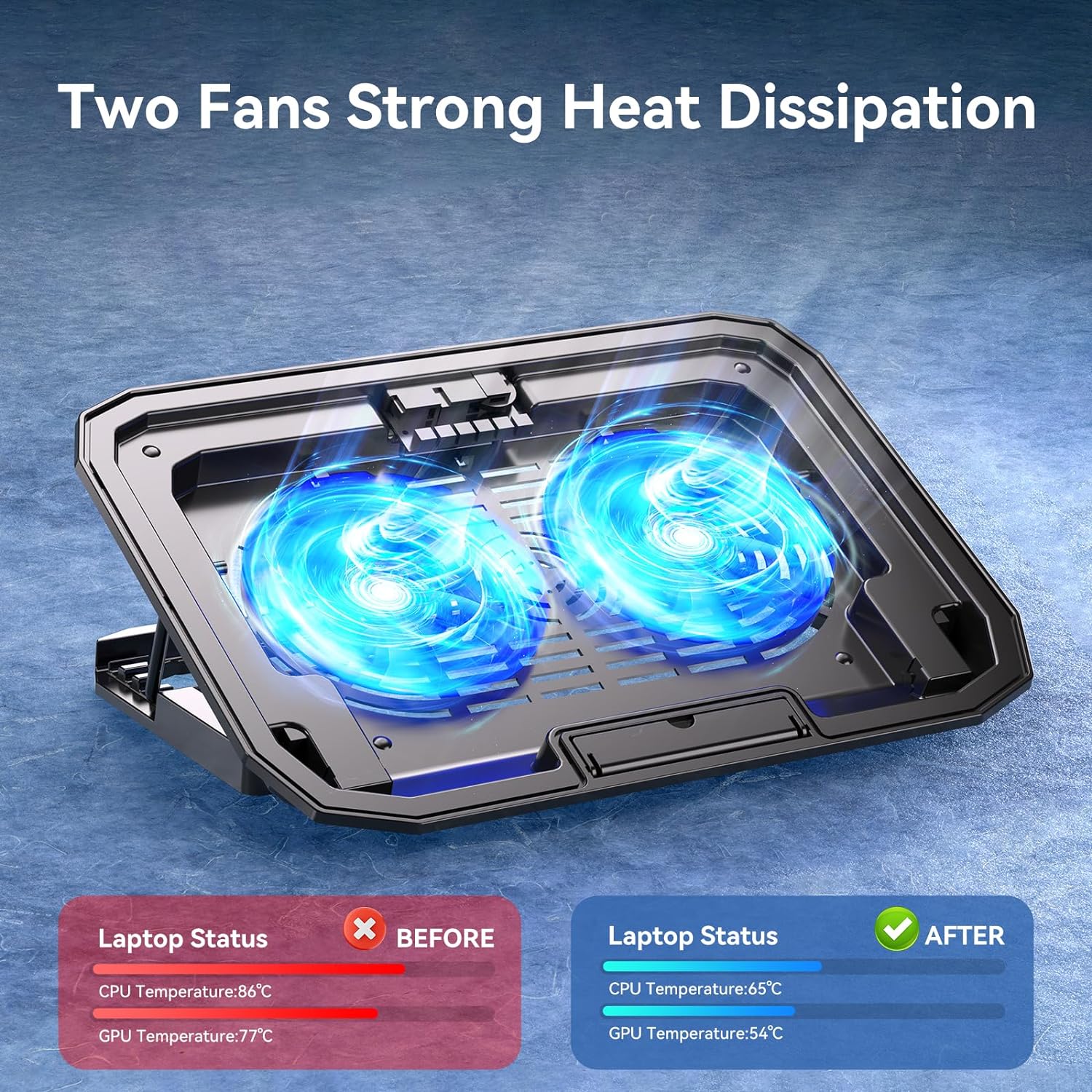 Ultra Slim Laptop Cooling Pad with 2 Quiet Big Fans, 5 Height Adjustable Ergonomic Stand, Portable Cooler for 10-15.6 Inch Laptops, Speed Control and 2 USB Ports