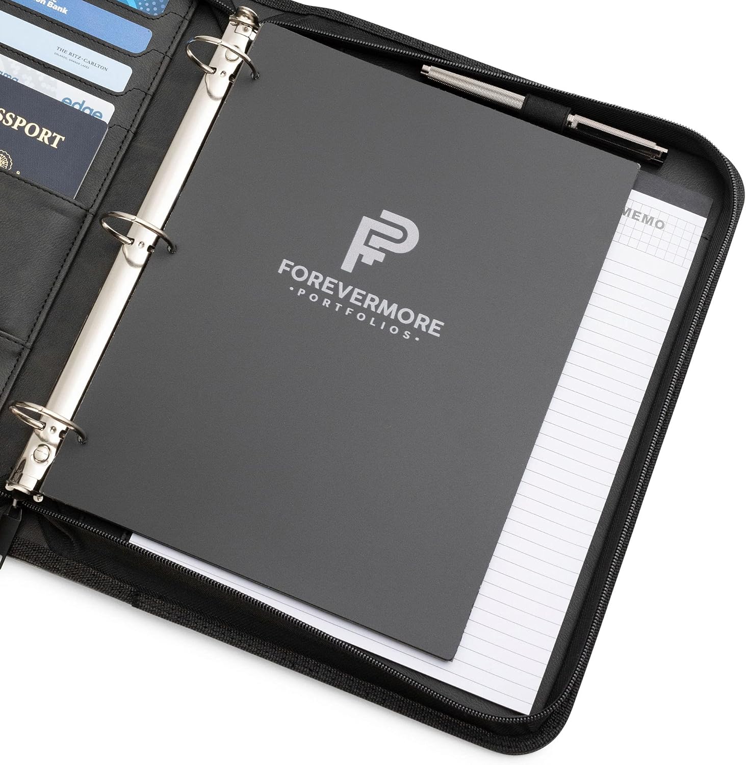 Portfolio Organizer - 3 Ring Binder with Notepad - 1.5 Inch Rings - Zippered Storage Pockets for Papers, Travel Documents, Presentation Folder, Cards, Passport, Tickets - Black