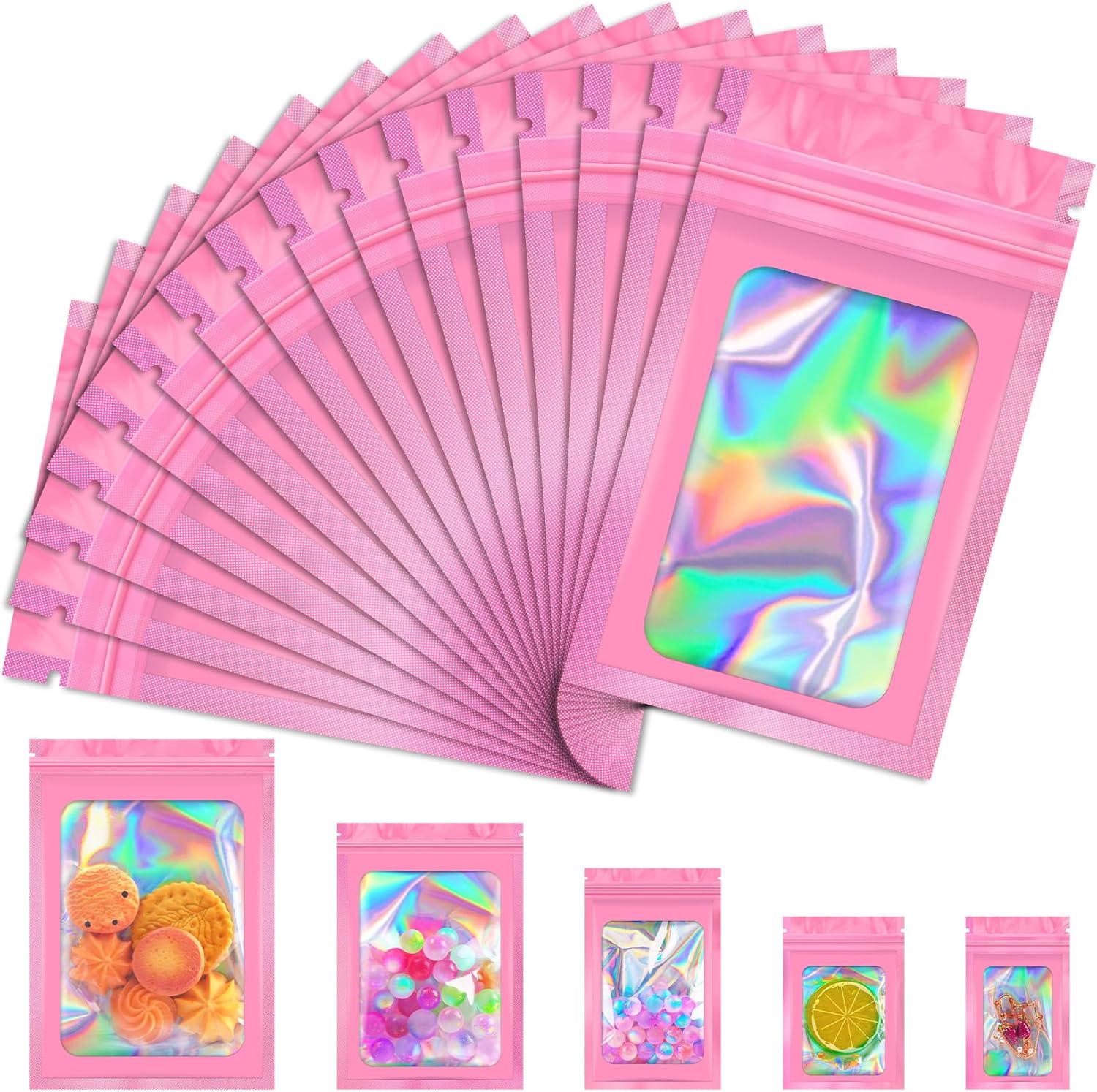 100 PCS Mylar Bags, Pink Holographic Bags, Smell Proof Bag, Resealable Bag for Small Business, Packaging, Food Storage, Bracelets, Jewelry（5.5x7.9in）