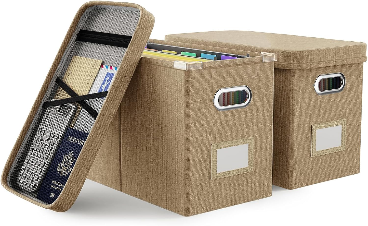 Oterri Hanging Filing File Box with Mesh Pocket, File Organizer Box with Lid, Collapsible Document Organizer Box for Letter Size, Easy Slide Durable Storage Box for Office/Decor/Home (2 PCS, Khaki)