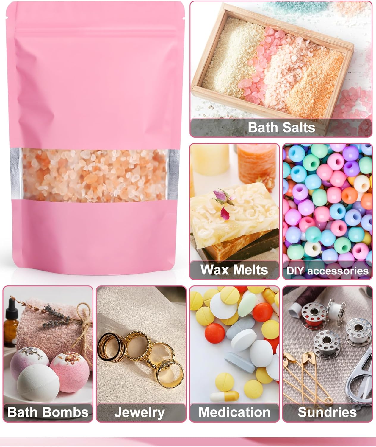 FireKylin 100 Pack Smell Proof Bags, Resealable Bags with Matte Window, Foil Pouch Stand Up Sealable Bags for Packaging（Pink,3.5" x 5.1"）