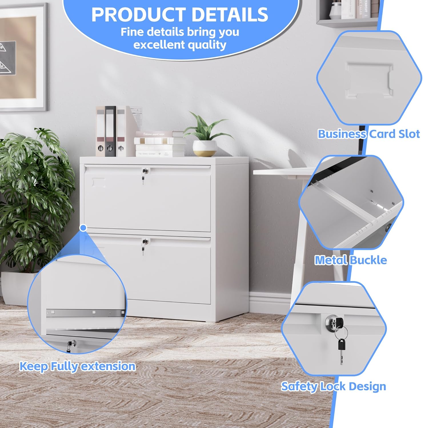 Aobabo 2 Drawer Lateral File Cabinet, Lockable Metal Filing Cabinet with Name Card, Suitable for Home Office School Hanging Files Letter/Legal/F4/A4 Size,Required-Assembly,White