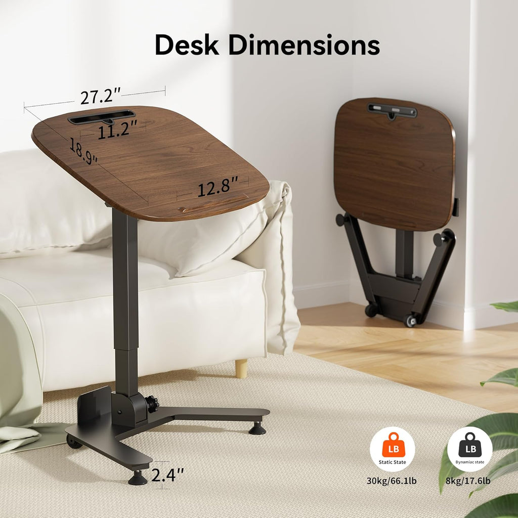 Folding Pneumatic Height Adjustable Mobile Standing Desk with 90° Tiltable Tabletop, 27.2x18.9 Inch Portable Laptop Desk with Wheels, Holds Up to 66.1lbs for Home Office, Black Walnut
