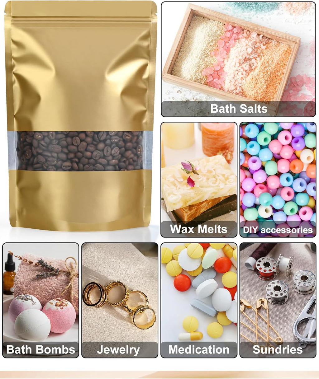 FireKylin 100 Pack Smell Proof Bags 7.1" x 10.2", Resealable Bags with Matte Window, Foil Pouch Stand Up Sealable Bags for Packaging(Gold)