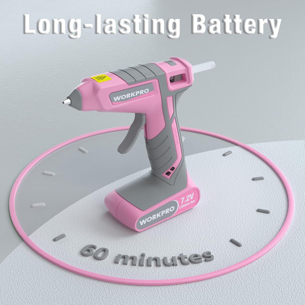 WORKPRO Pink Cordless Hot Melt Glue Gun, 7.2V Rechargeable Fast Preheating Glue Gun Kit with 20 Pc Premium Mini Glue Stick, Automatic-Power-Off Hot Glue Gun for Art, Craft, Decoration - Pink Ribbon