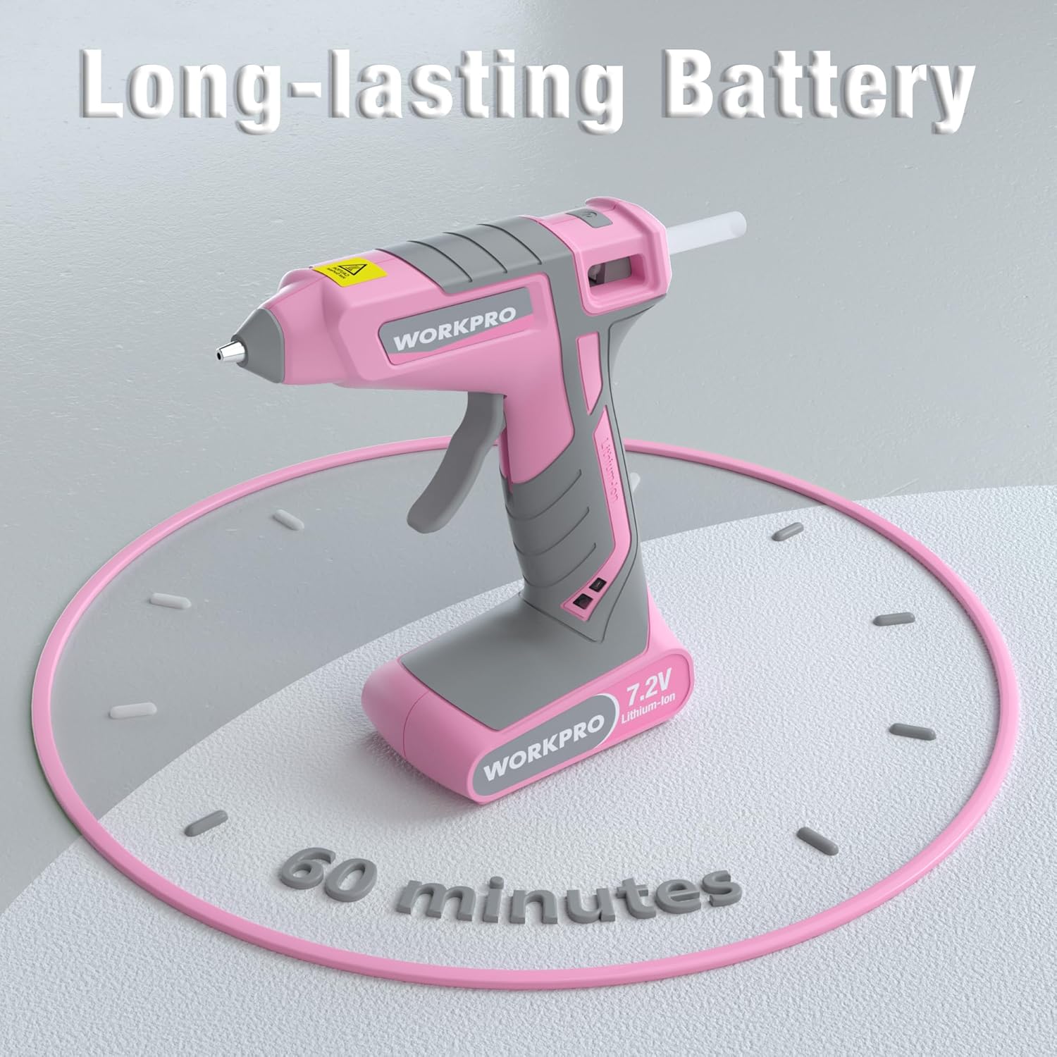 WORKPRO Pink Cordless Hot Melt Glue Gun, 7.2V Rechargeable Fast Preheating Glue Gun Kit with 20 Pc Premium Mini Glue Stick, Automatic-Power-Off Hot Glue Gun for Art, Craft, Decoration - Pink Ribbon