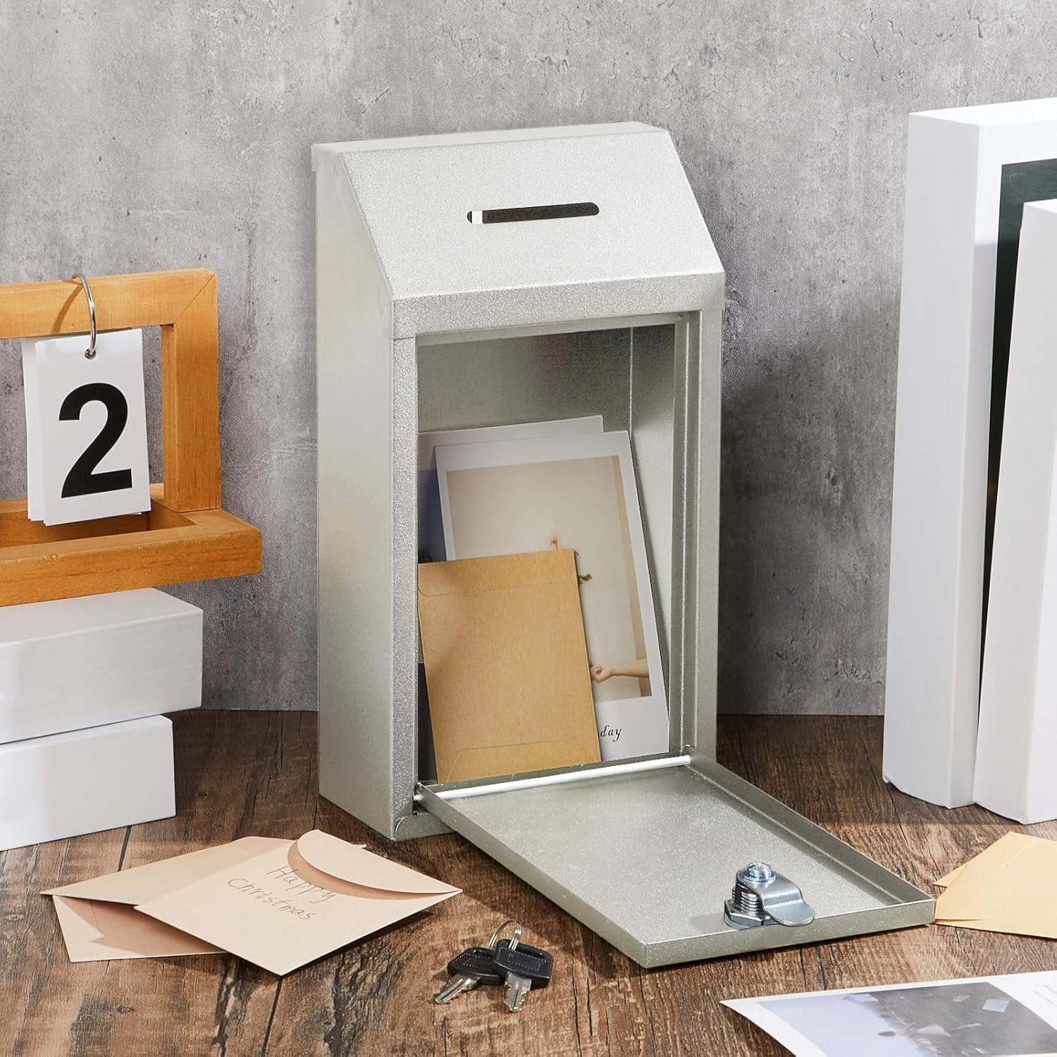 2 Pack Metal Suggestion Boxes with Lock Keys Ballot Donation Boxes with Slot for Fundraising Wall Mounted Mailbox Delivery Container for Home Office Outdoor Door, 10.2x5.7x2.95in(White, Black)