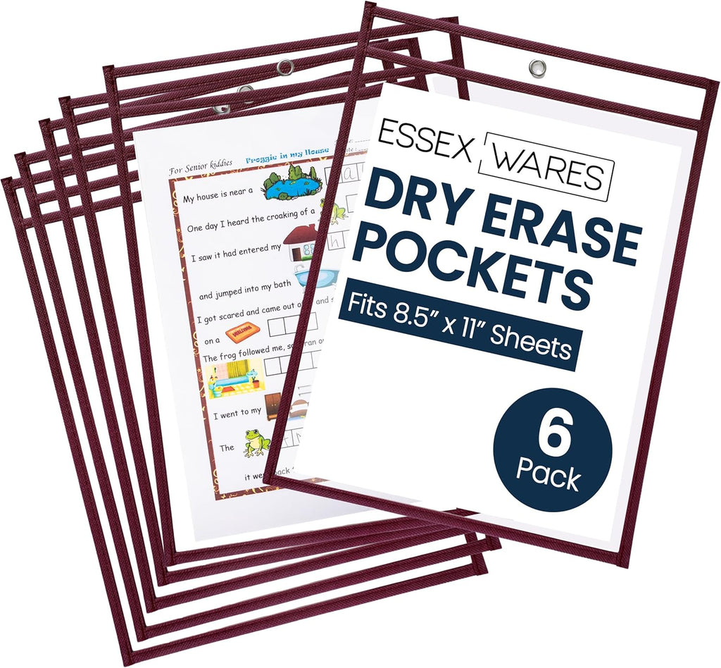 Essex Wares - 6 Pack, Maroon, Durable Water-Resistant Dry Erase Pocket Document Protectors, 10" Wide x 13.5" Tall - Dry Erase Clear Plastic Sleeves - Reusable & Easy Erase Plastic Invoice Holders