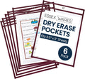 Essex Wares - 6 Pack, Maroon, Durable Water-Resistant Dry Erase Pocket Document Protectors, 10" Wide x 13.5" Tall - Dry Erase Clear Plastic Sleeves - Reusable & Easy Erase Plastic Invoice Holders
