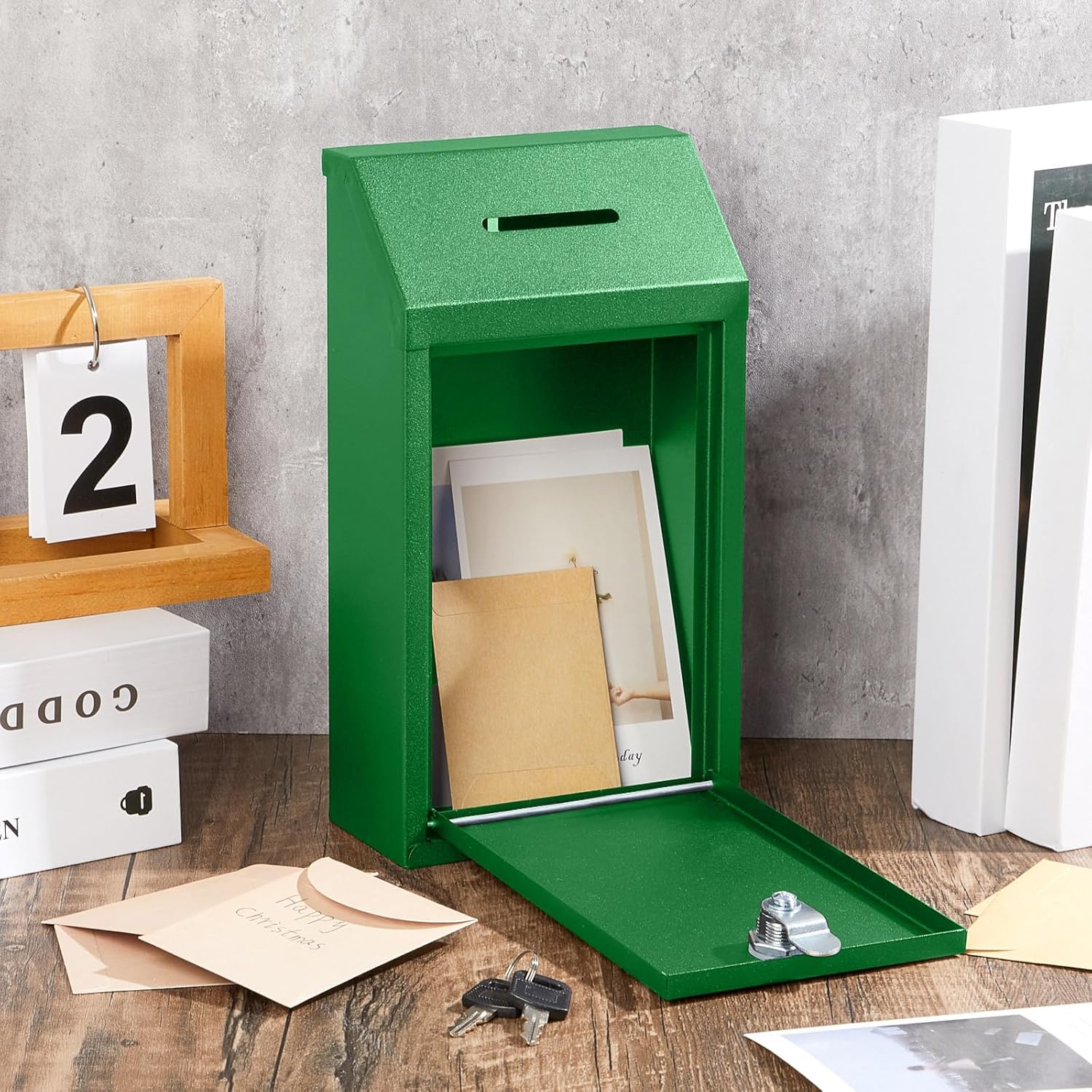 2 Pack Metal Suggestion Boxes with Lock Keys Ballot Donation Boxes with Slot for Fundraising Wall Mounted Mailbox Delivery Container for Home Office Outdoor Door, 10.2x5.7x2.95in(Red, Green)