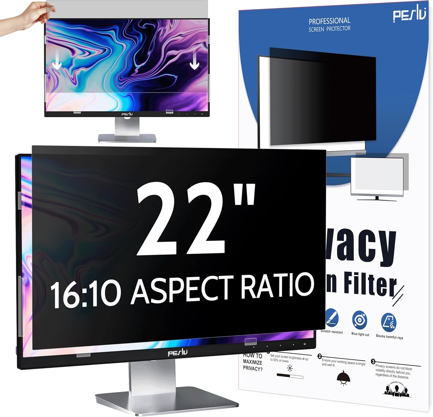 Privacy Screen for Computer Monitor 22 Inch 16:10 Aspect Ratio, Anti Blue Light Glare Removable 22 in Privacy Screen Filter Protective Film, HD 22 Inch Privacy Screen Protector for Monitor