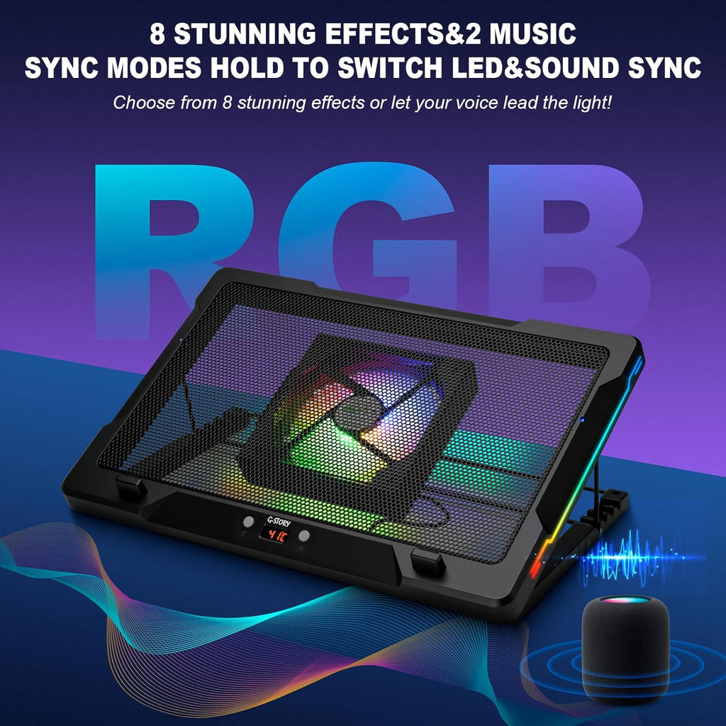 G-STORY Gaming Laptop Cooling Pad with Movable Fan and Automatic Speed Adjustable by Temperature,Music Sync RGB Light,Low Noise Laptop Cooler 3 Speed 1500/1750/2000RPM(140MM) Stand 12–18" Notebook