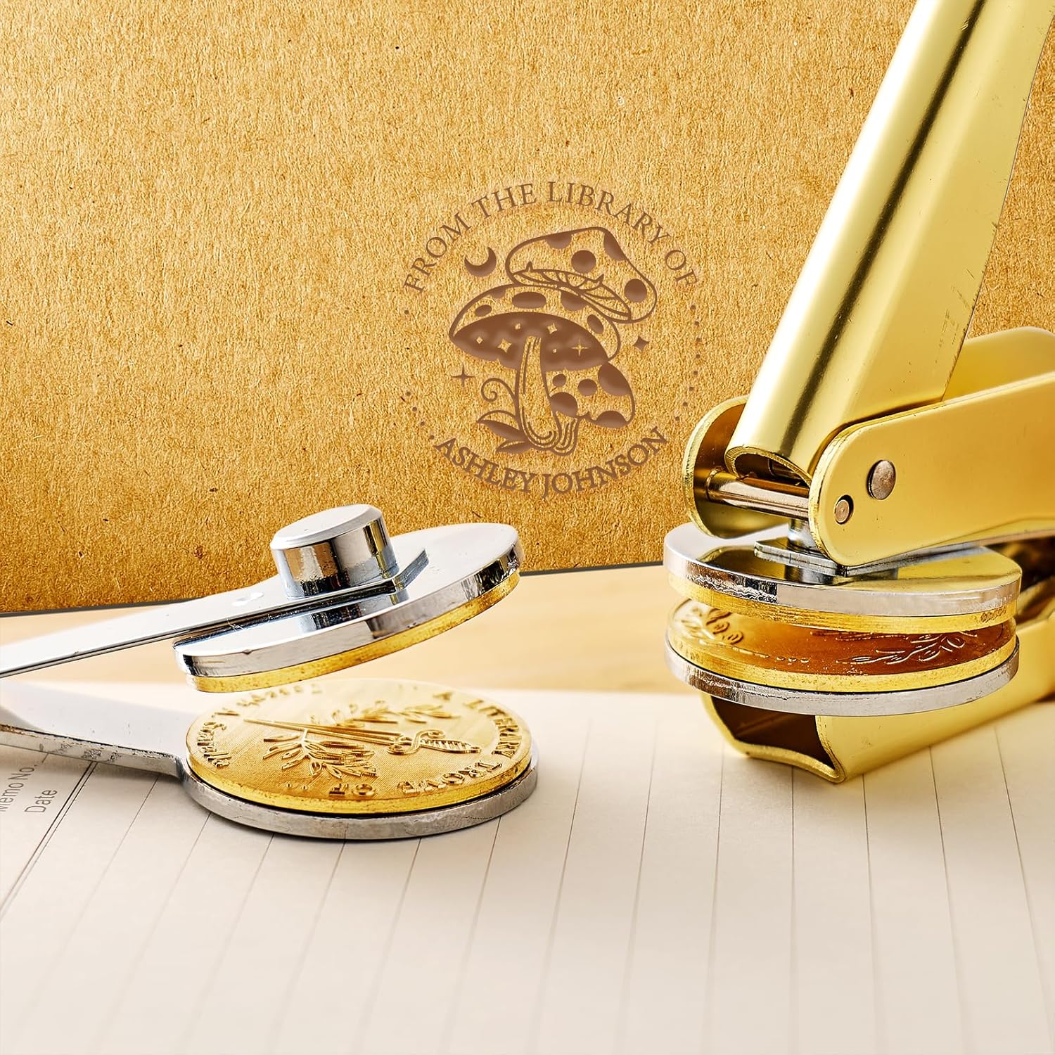 Personalized Book Embosser Stamp with Handle Set, Custom Self-Inking Library Stamp with Name & Design, Elegant Invitation Seal from Library Stamp Kit, Birthday, Book Lover Gifts （Mushroom）