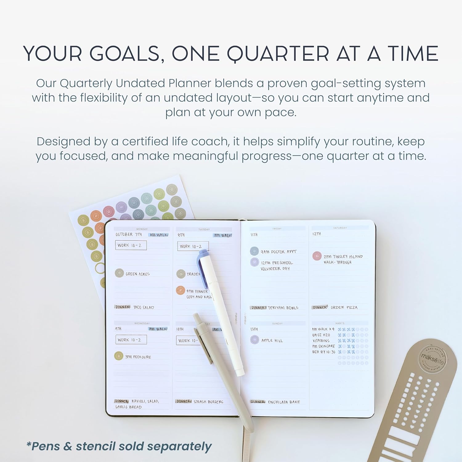 Quarterly Undated Planner - Goal Setting And Weekly Planner, Productivity Tools, Time-Management, Habit Tracker, Gray