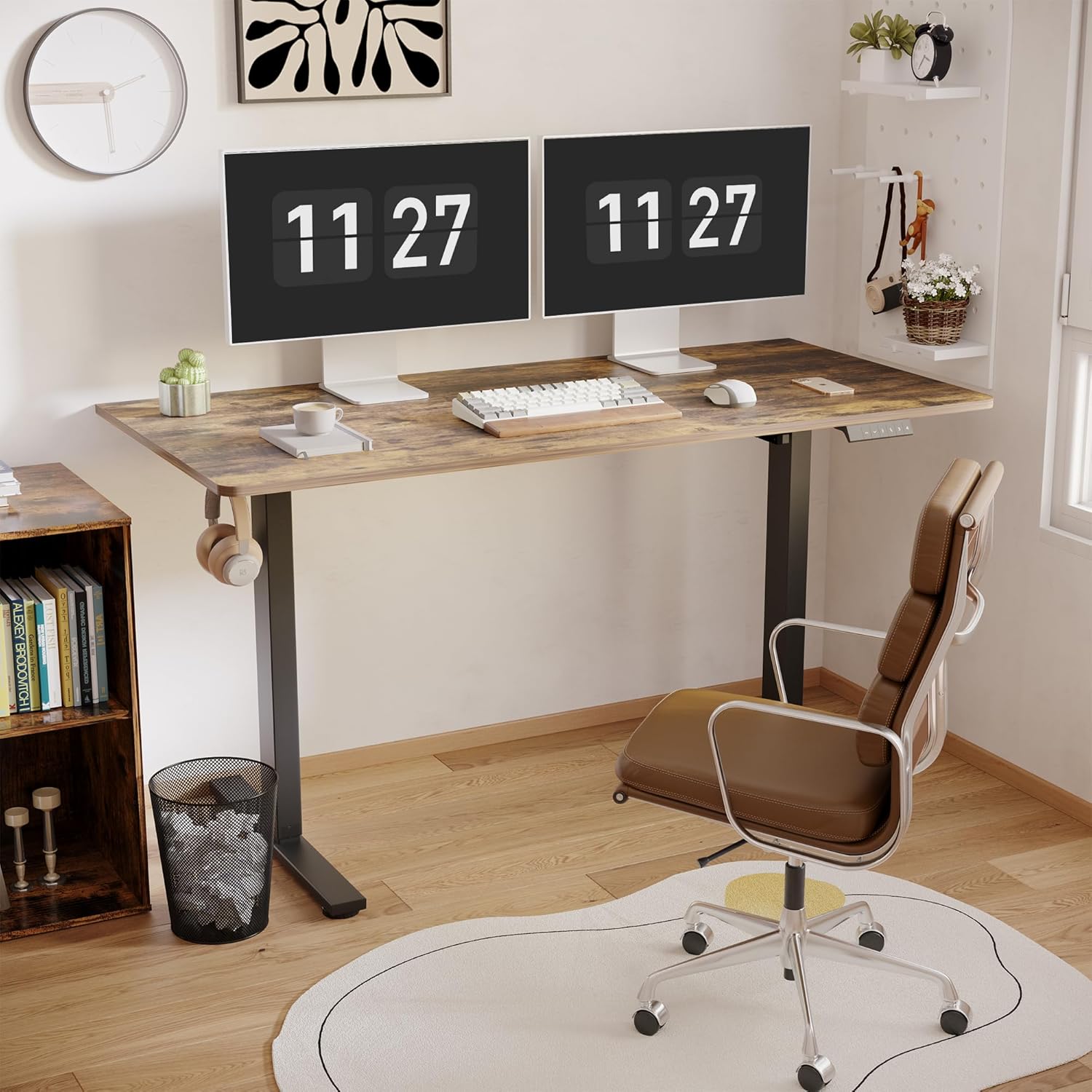FLEXISPOT One-Piece Electric Standing Desk, 55 x 28 Inches Adjustable Desk with Seamless Desktop, Memory Controller Height Adjustment (Black Frame + Rustic Brown Desktop, 2 Packages)