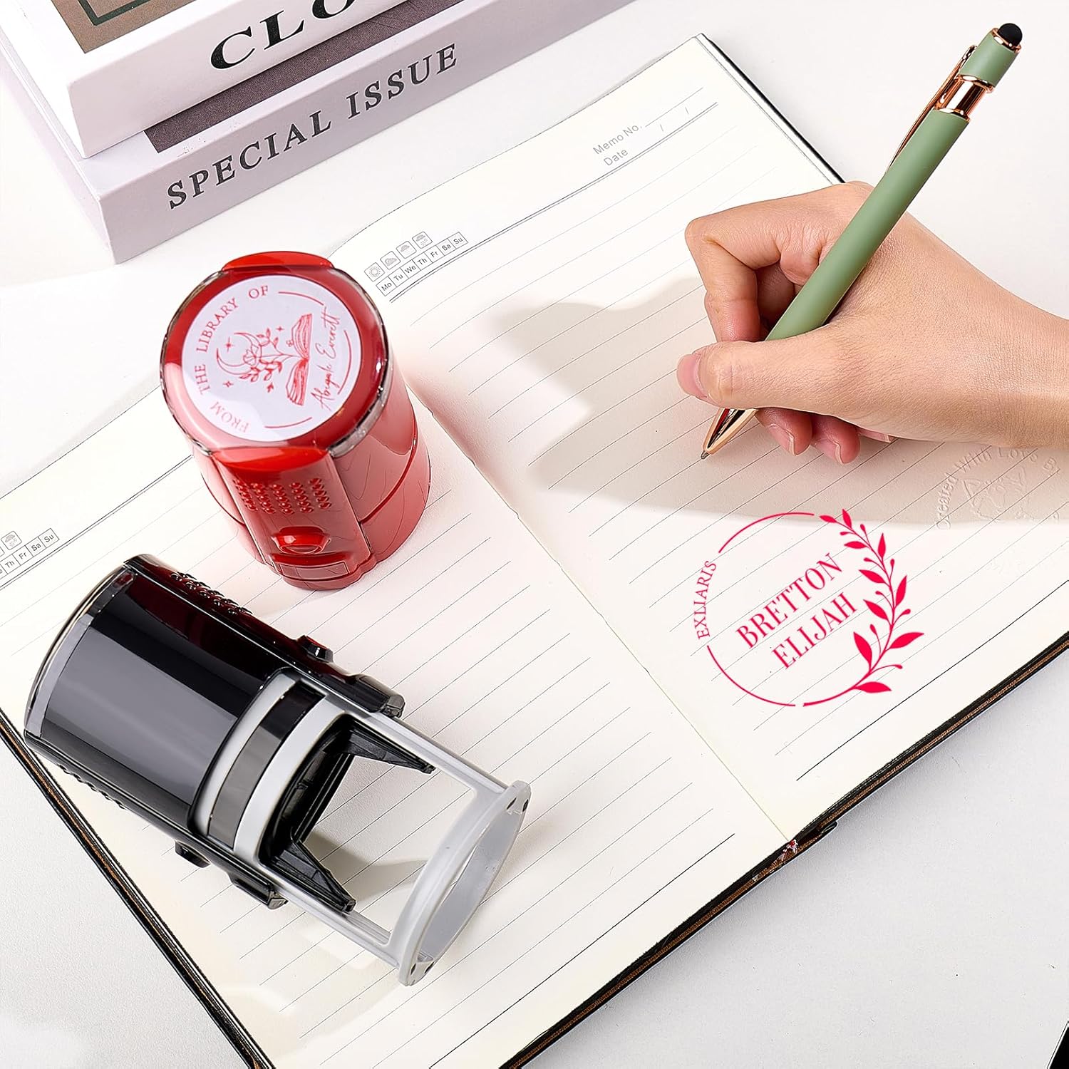 Personalized Book Embosser Stamp with Handle Set, Custom Self-Inking Library Stamp with Name & Design, Elegant Invitation Seal from Library Stamp Kit, Birthday, Book Lover Gifts（Books & Coffee）