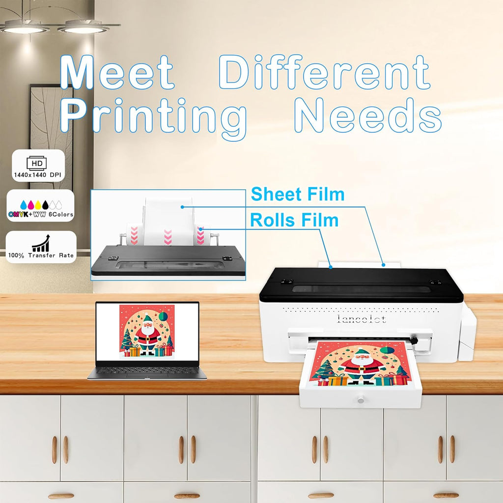 Lancelot A3 l1800 DTF Transfer Printing Machine with Roll Feeder, White Ink Circulation and Easy Operation,DTF Printer Bundle for Dark and Light Clothing (Printer+Oven+Laptop+consumable)