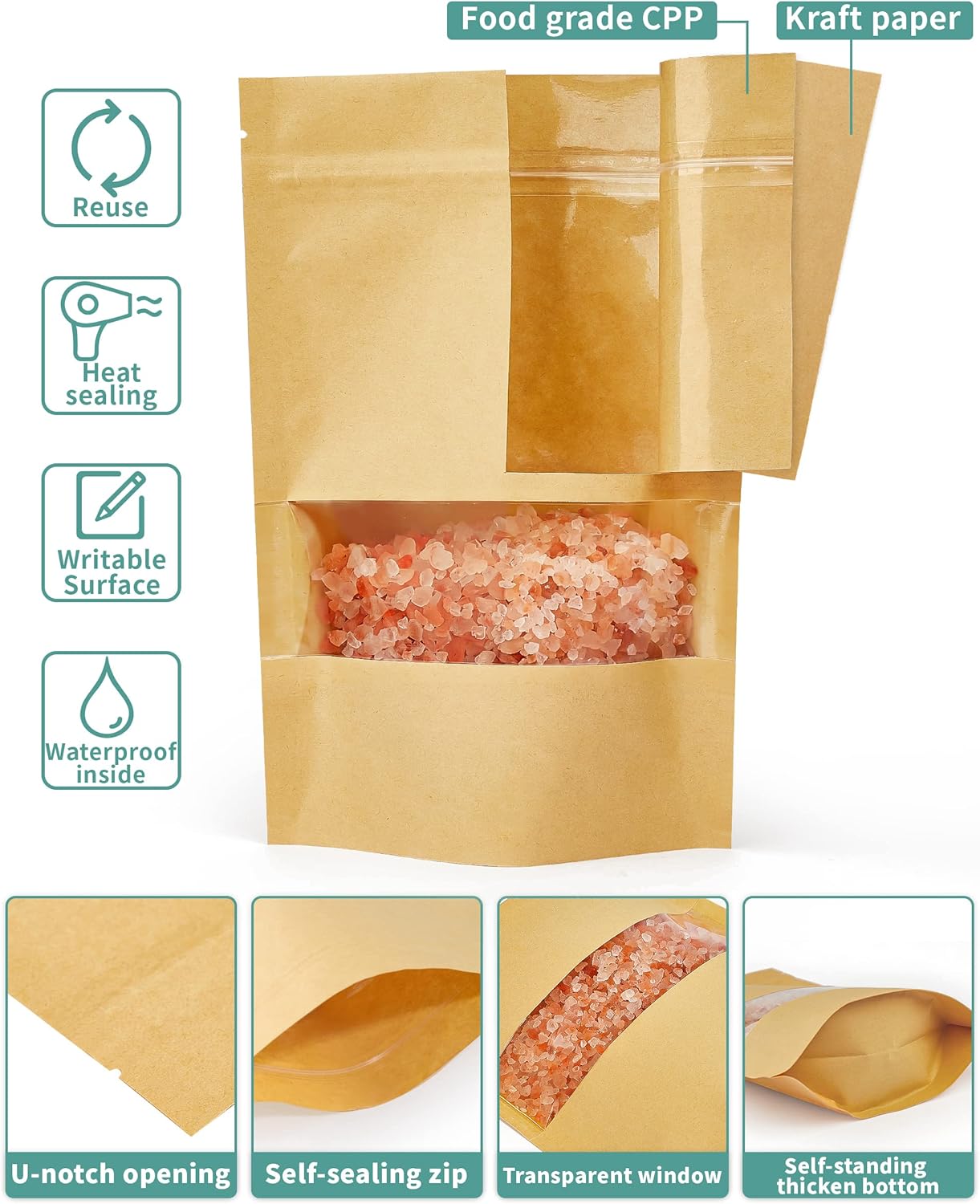 FireKylin 100 Pcs Brown Paper Bags with Window, 6.3" x 8.6" Stand Up Pouches, Zipper Food Storage Bags for Packaging Products, Reusable, Sealable