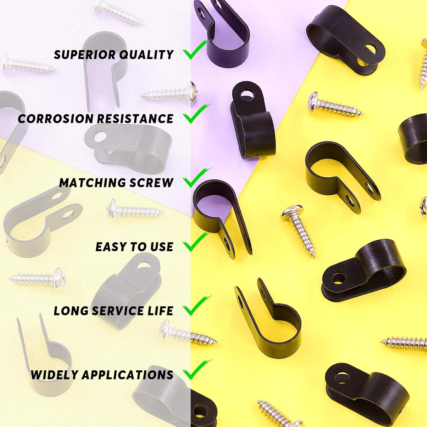 Swpeet 60 Pack Black 3/8 Inch Nylon Plastic R-Type Cable Clips Clamp Kit, Nylon Screw Mounting Cord Fastener Clips with 60 Pack Screws for Wire Management (3/8 Inch, Black)