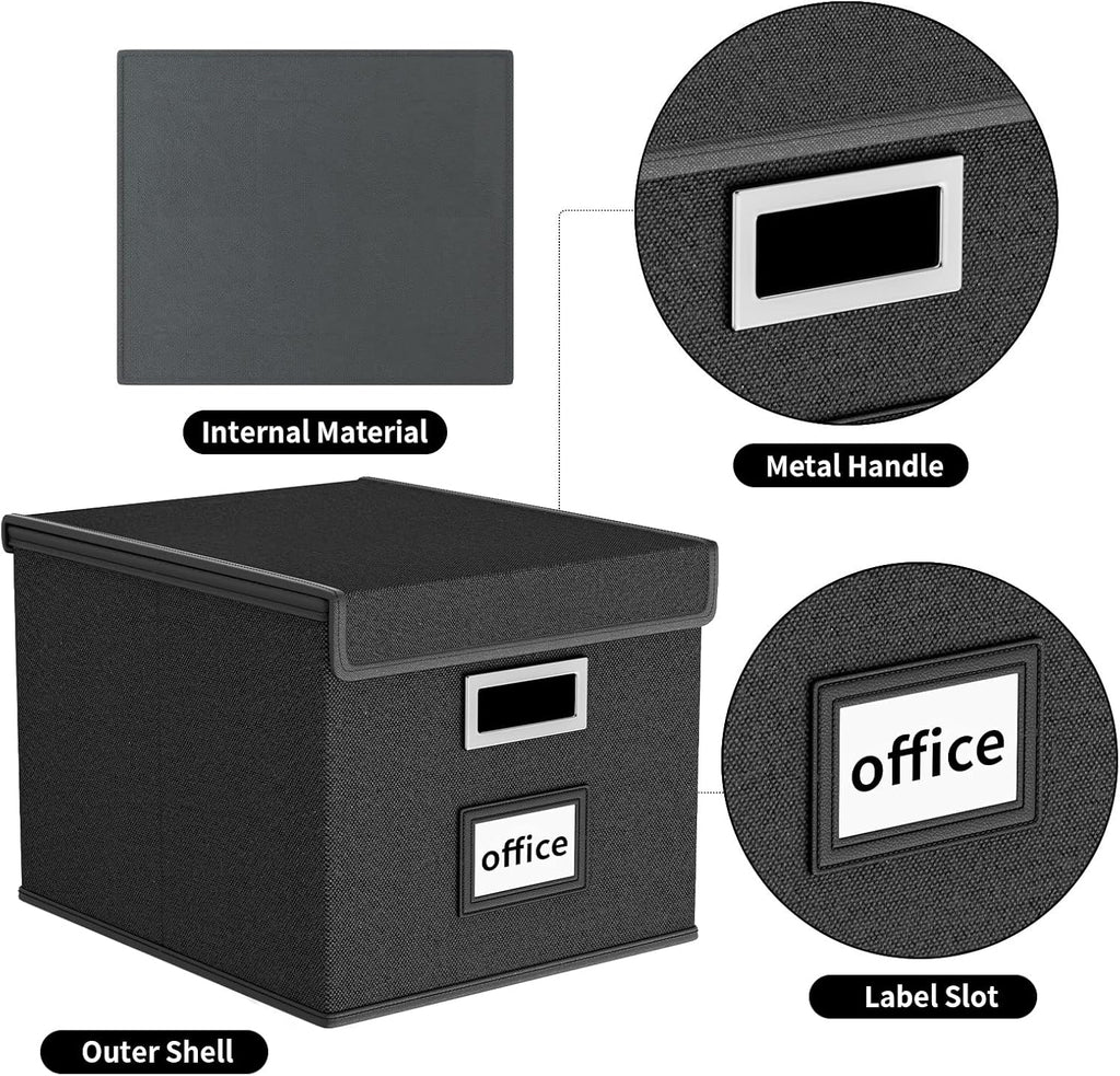 Huolewa New Portable File Organizer Boxes Set of 4, Collapsible Linen Hanging Filing Storage Boxes with Plastic Slide, Decorative Home/Office Filing System for File and Folders Storage (Black)