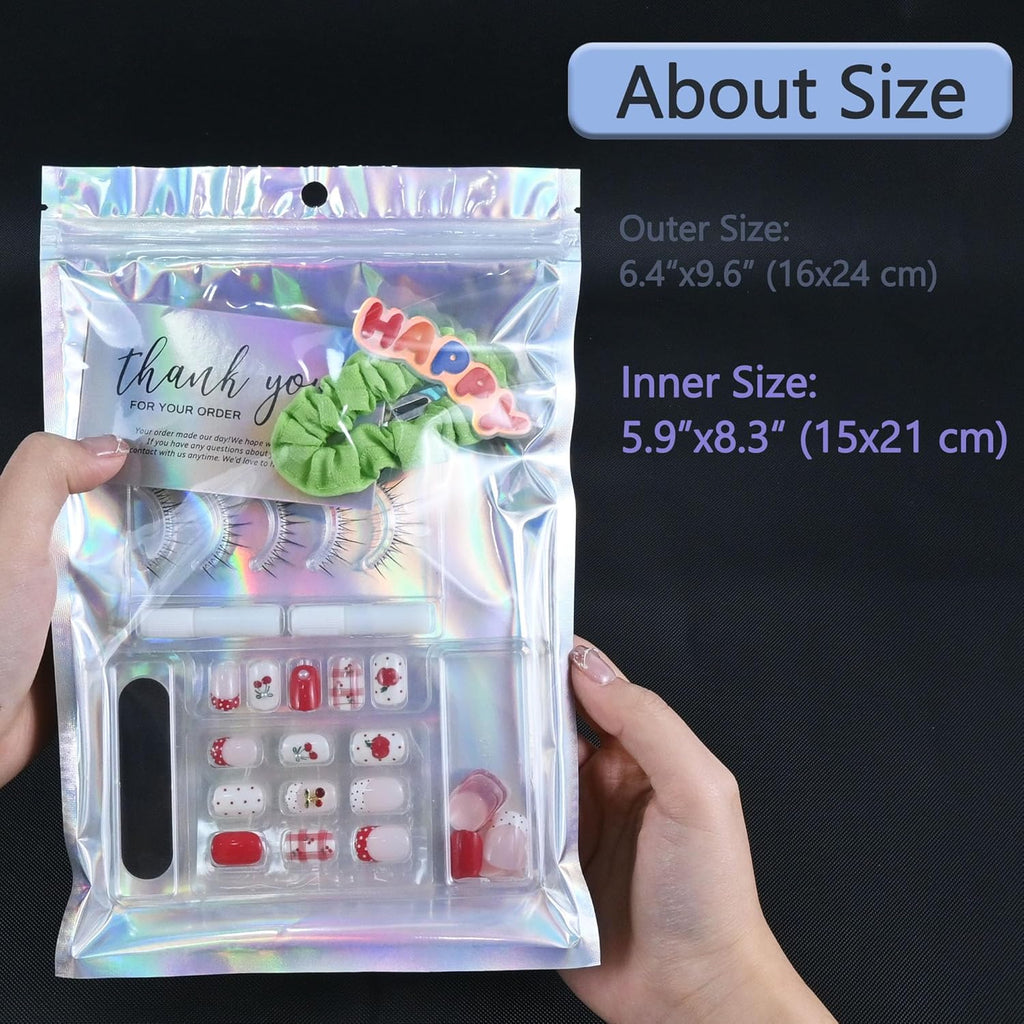 100 Pack Holographic Resealable Plastic Bags for Food Storage, Zipper Bags with Clear Front Window, Packaging Pouch for Small Business (100 Pack, 6.4x9.6 inch)