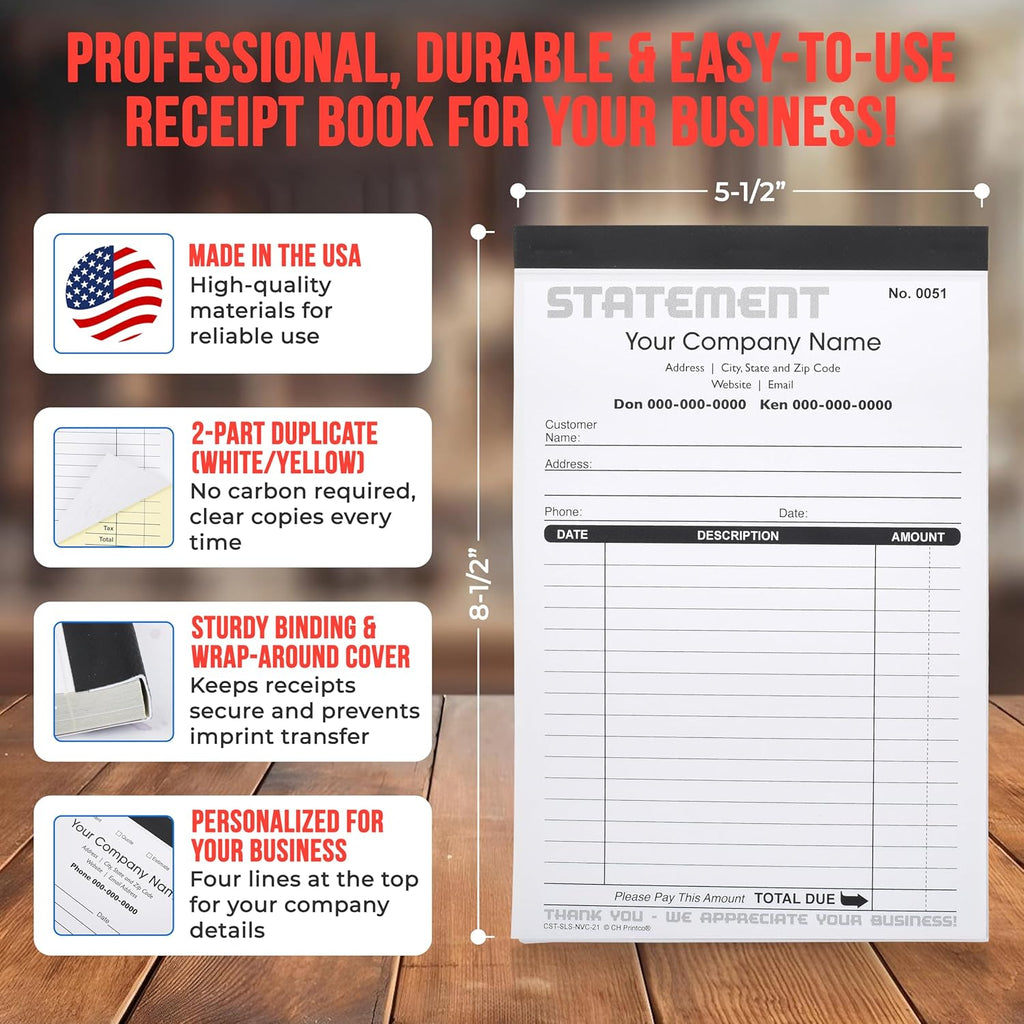 Generic Custom Statement - Personalized Duplicate Carbonless Form with Your Company Name - 2 Books (100 Sets) Numbered