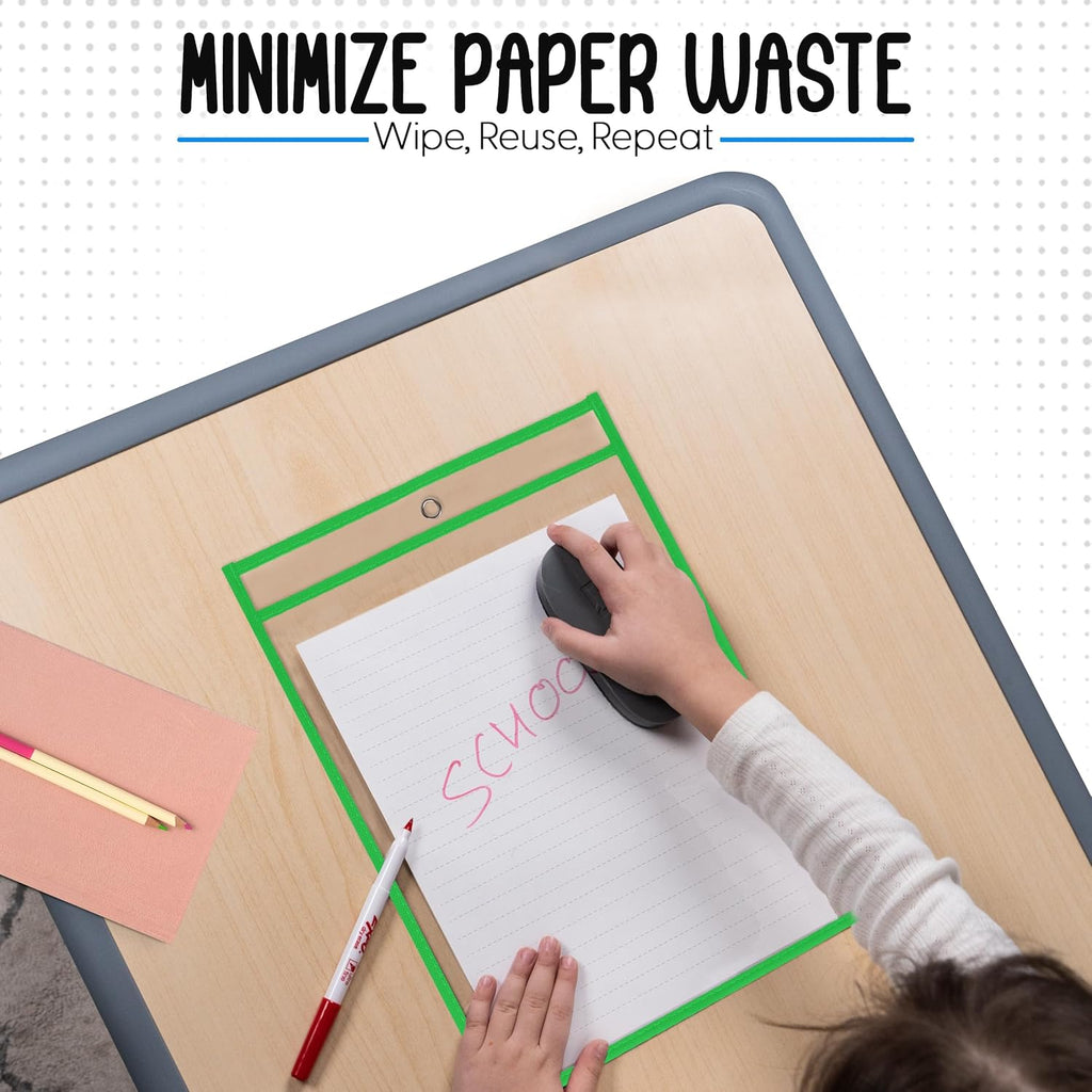 Essex Wares - 6 Pack, Neon Green, Water-Resistant Dry Erase Pocket Document Protectors, 10" Wide x 13.5" Tall - Dry Erase Clear Plastic Sleeves - Reusable & Easy Erase Plastic Invoice Holders