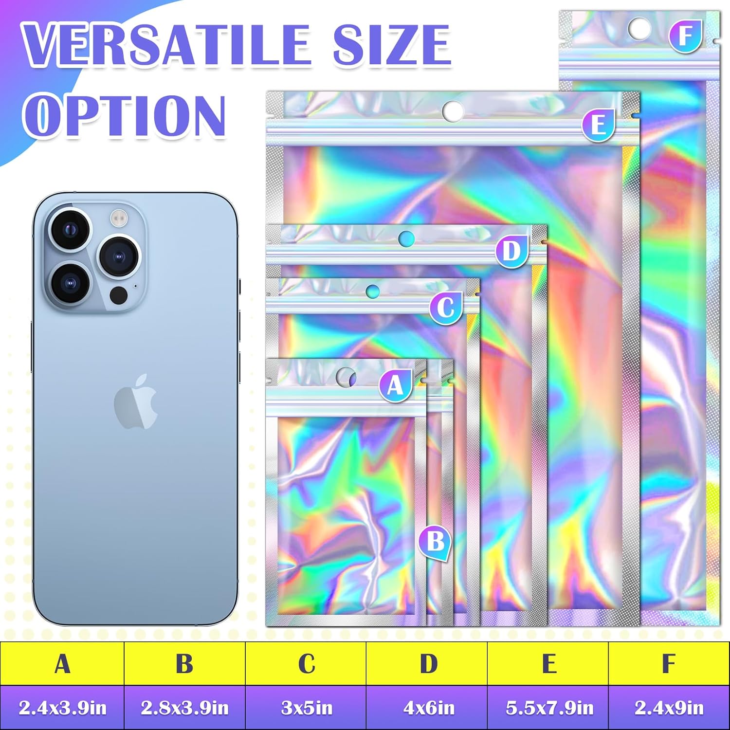100 Pcs Mylar Bags - Holographic, Smell Proof, Resealable with Clear Window - Sealable for Pen, Brushes, Jewelry, Candy, Necklaces (2.4x9in)