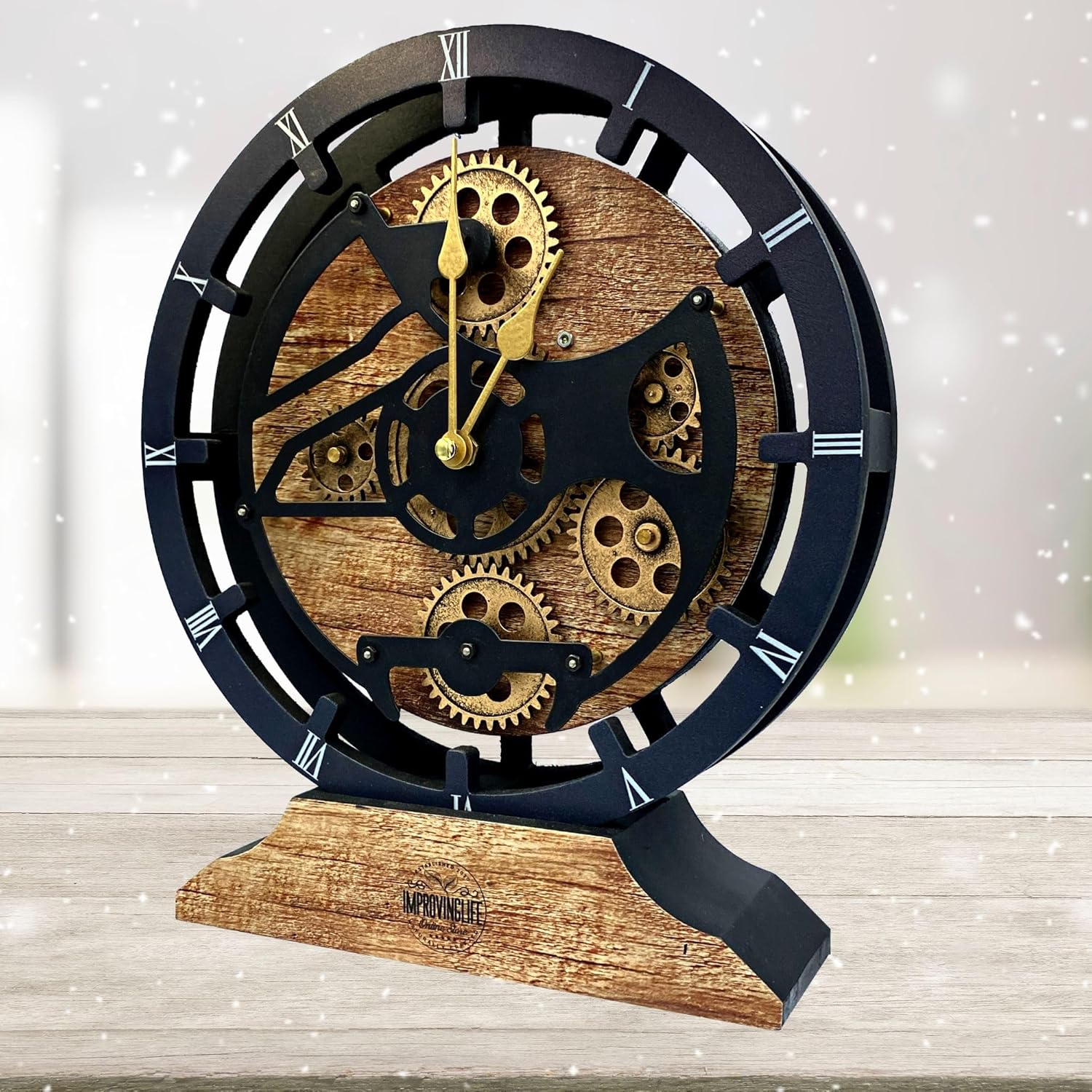 The Gears Clock Desk Clock 10 inches with Real Moving Gears Convertible into Wall Clock (Vintage Brown)