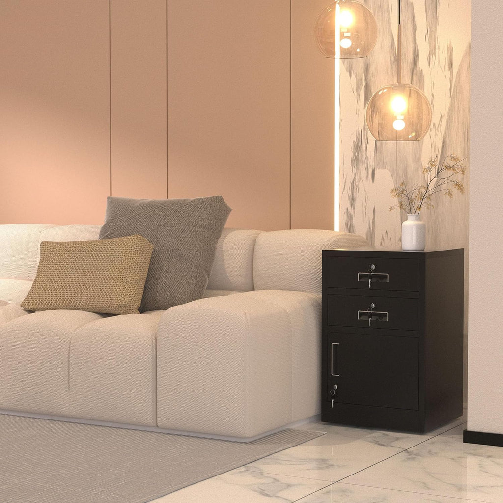 Metal Storage Cabinet with Locking Door and 2 Lockable Drawers for Home Office Bedroom Living Room (Black)