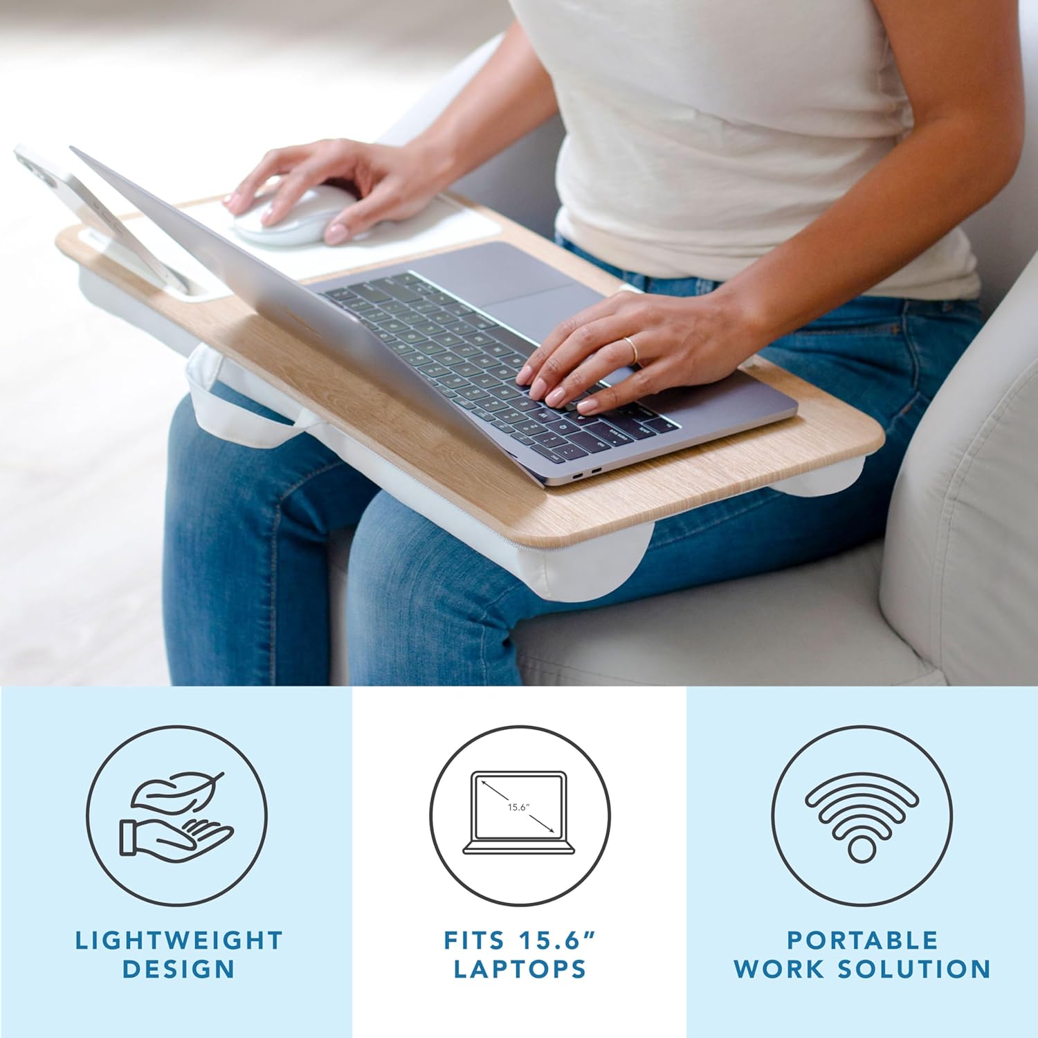 LAPGEAR Home Office Lap Desk with Device Ledge, Mouse Pad, and Phone Holder - White Oak Woodgrain - Fits up to 15.6 Inch Laptops - Style No. 91579