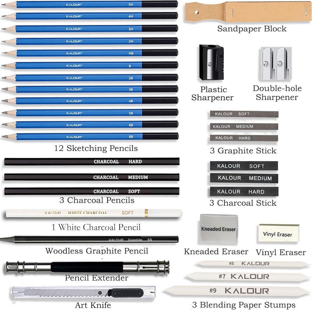 KALOUR 33 Pro Drawing Kit Sketching Pencils Set,Portable Zippered Travel Case-Charcoal Pencils, Sketch Pencils, Charcoal Stick,Sharpener,Eraser.Art Supplies for Artists Beginner Adults Teens