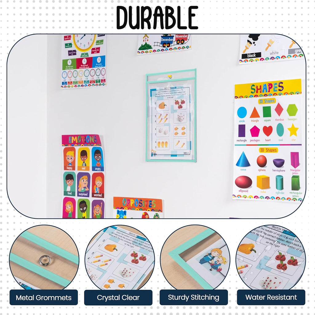 Essex Wares - 6 Pack, Seafoam, Durable Water-Resistant Dry Erase Pocket Document Protectors, 10" Wide x 13.5" Tall - Dry Erase Clear Plastic Sleeves - Reusable & Easy Erase Plastic Invoice Holders