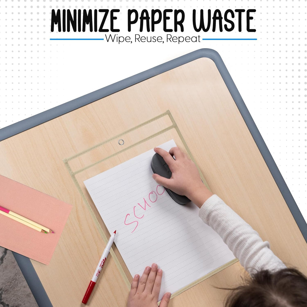Essex Wares - 6 Pack, Cream, Durable Water-Resistant Dry Erase Pocket Document Protectors, 10" Wide x 13.5" Tall - Dry Erase Clear Plastic Sleeves - Reusable & Easy Erase Plastic Invoice Holders