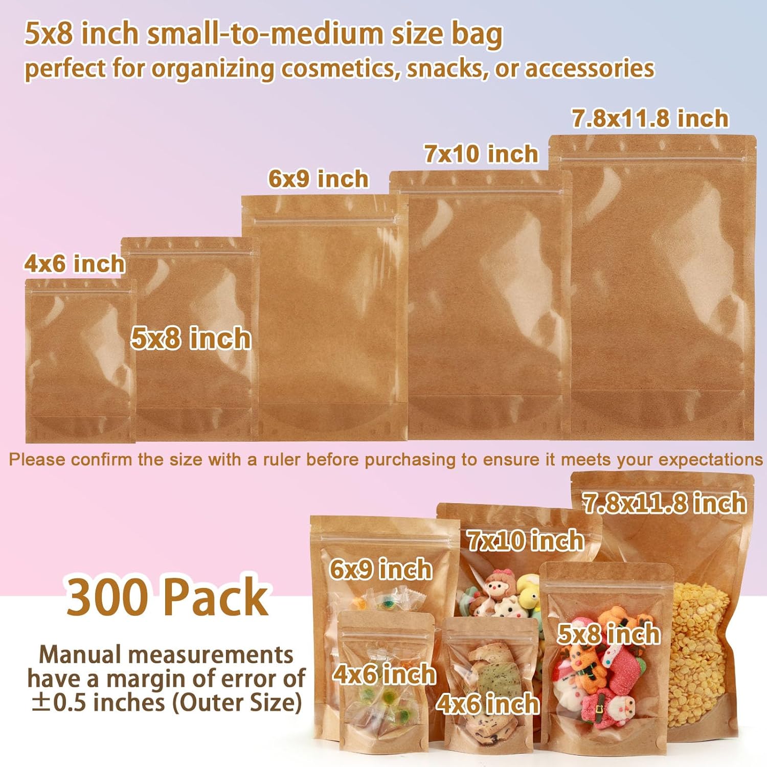 300-Pack Kraft Paper Bags with Clear Window 5" x 8" Reclosable Small Stand Up Mylar Bags for Food Storage Resealable Smell Proof Pouch, Edible Packaging, Reusable bags for Small Business