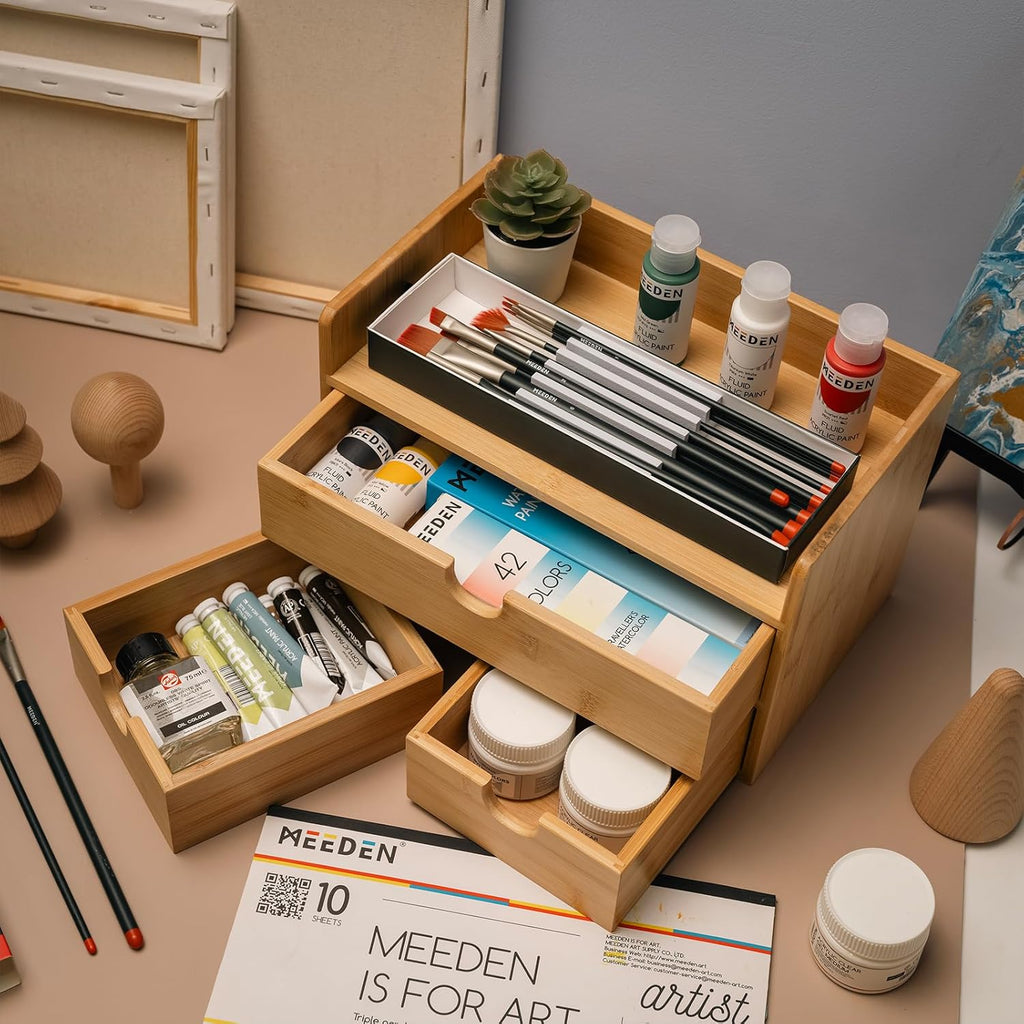 MEEDEN Bamboo Desk Organizer with Drawers: Desktop Storage Container with Shelf - Tabletop Storage Organization Box for Office Home Toiletries Supplies