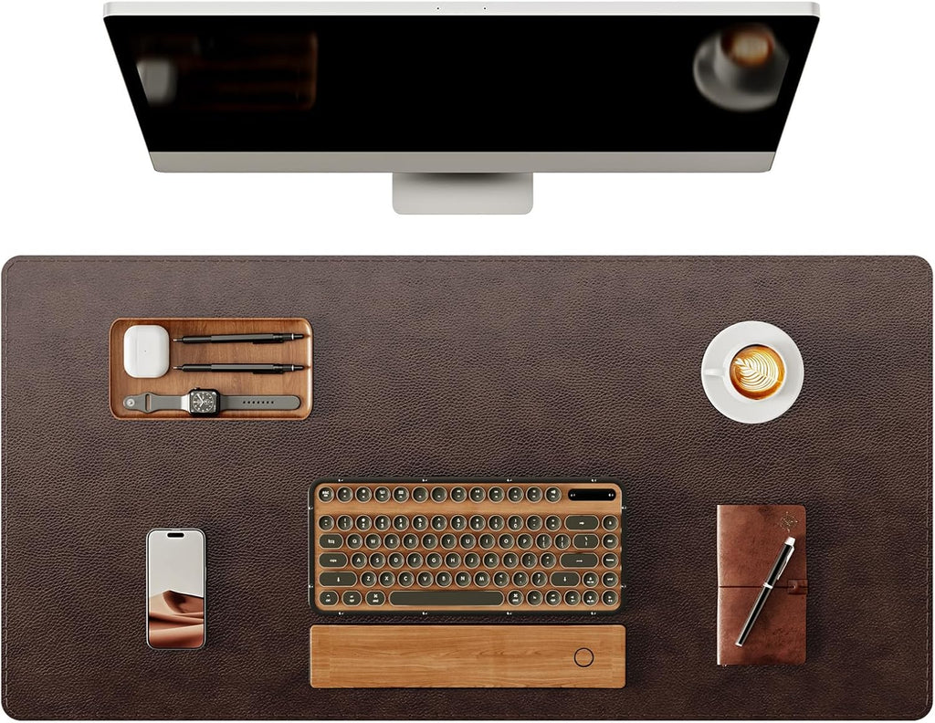 YSAGi Genuine Leather Desk Mat, 31.5"x15.8" Office Desk Pad, Thick Premium Table Pad with Stitched Line, Non-Slip Laptop Writing Pad with Rubber Base (Dark Brown, 31.5"x15.8")