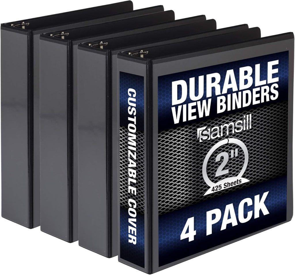 Samsill Durable 2 Inch Binder, Made in the USA, Round Ring Customizable Clear View Binder, Black, 4 Pack (MP48460)