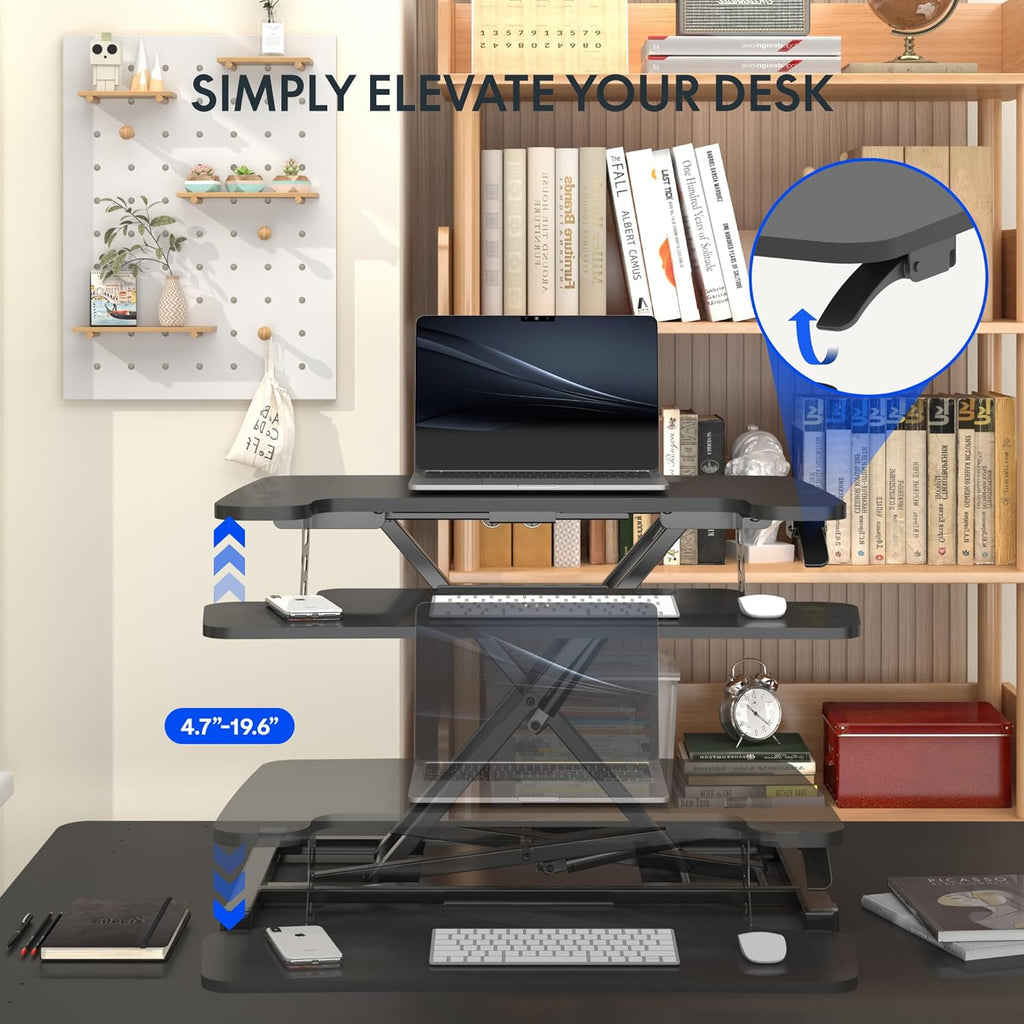 FLEXISPOT Standing Desk Converter 28" Wide Height Adjustable Sit Stand Riser, Small Size Desktop Workstation with Keyboard Tray for Home and Office, Black