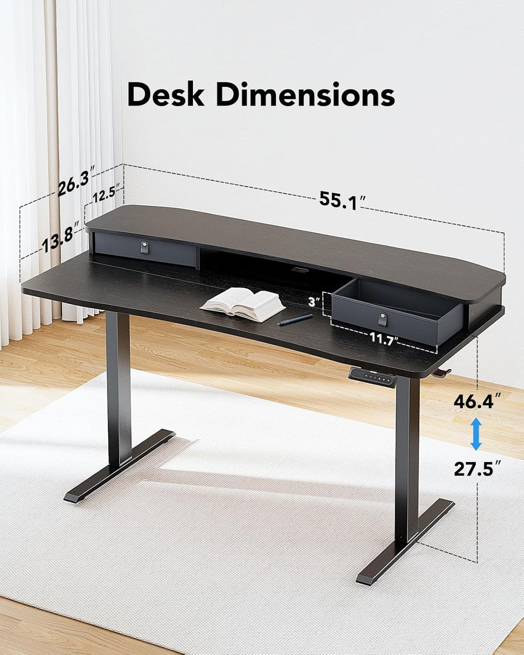 HUANUO 55″ x 26″ Electric Standing Desk with 2 Drawers, C-Clamp Mount Compatible, Height Adjustable Computer Desk, Home Office Stand Up Desk with 4 Preset Heights & 2 Hooks, Black