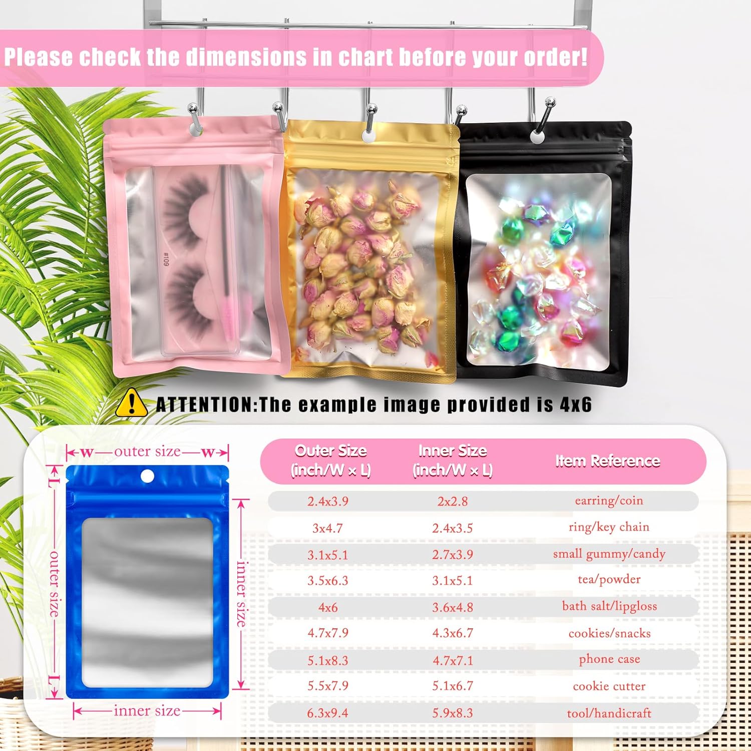 FUNFERY 100 Pack Mylar Resealable Bags Foil Packaging Bags with Clear Window,Zipper Pouch Smell Proof Bag for Food Storage,Cookies,Sample,Small Business(Pink,5.1x8.3inch)