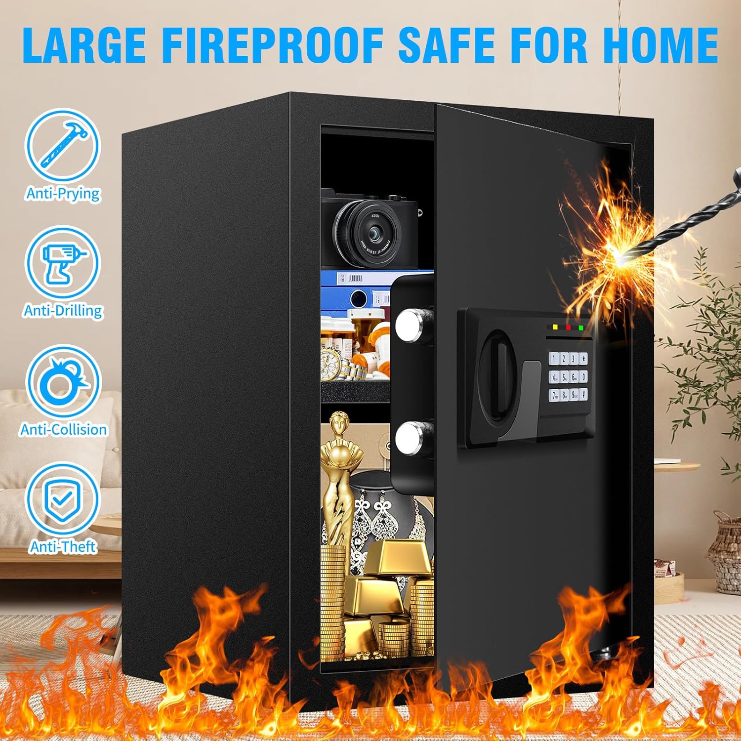 3.0 Cuft Large Fireproof Safe for Home, Home Safety Box Fireproof Waterproof with Electronic Keypad and Spare Keys, Anti-theft Digital Security Safe for Money Firearm Medicine Valuables